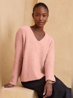 Eileen Fisher Cashmere Organic Cotton Sz XL Opal Pink V Neck Sweater Fluffy NWT